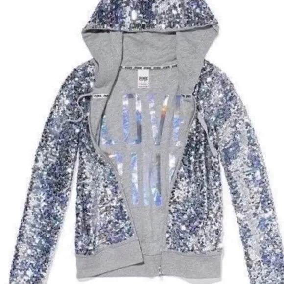 PINK Victoria's Secret Silver Sequin Bomber Jacket S - Picture 5 of 11